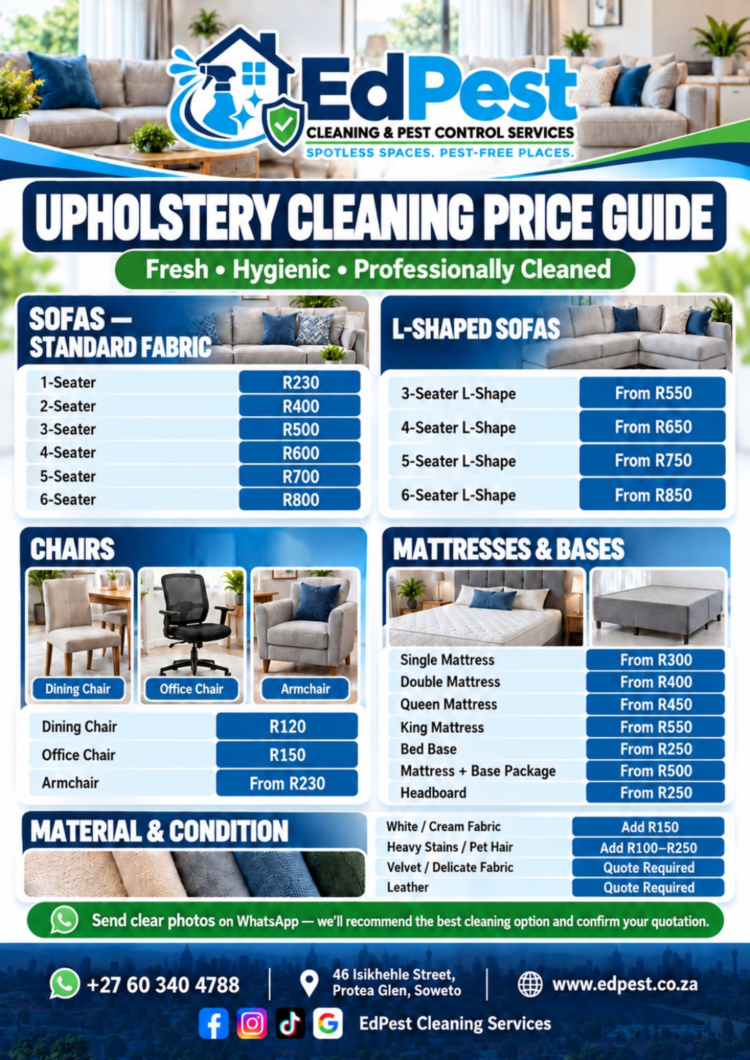 EdPest upholstery cleaning price guide